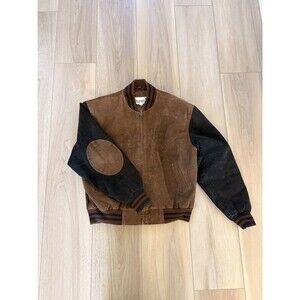 Vtg 90s Avalanche Leather Varsity Bomber Jacket Brown Black Elbow Patch Mens Lg